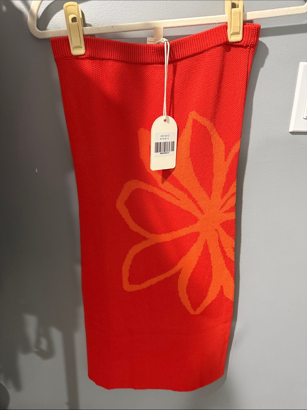 Bright Red Floral-Accent Pencil Skirt